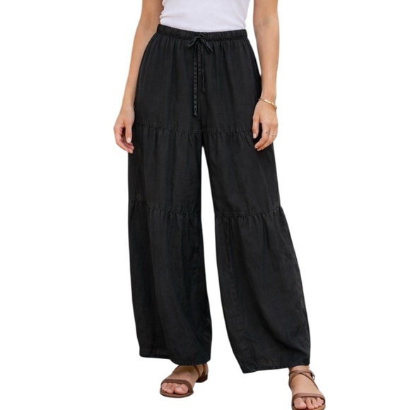 La Fixsun Pants - LA Fixsun Linen Tiered Wide Leg High Rise Elastic Waist Pull On Pants